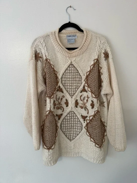 Vintage 90s Sz Lg Cottagecore Grandma Knit Chunky Neutral Sweater Patchwork Tan - Picture 13 of 16